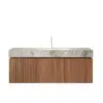 Floating plywood storage cabinet with two drawers and two doors, light gray finish, angled view showing hardware.