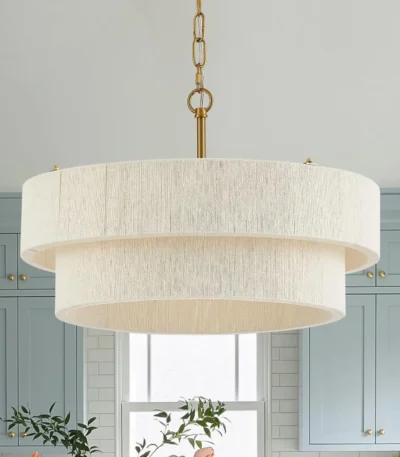 Hand Woven White Rattan Boho Pendant Light Adjustable Coastal Chandelier for Kitchen Island Dining Living Room UL Listed