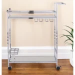 HMS 29 Luxury Silver Metal Mirrored Glass Rolling Bar Cart Dining Living Room Serving Trolley with Wine Storage Iron Material