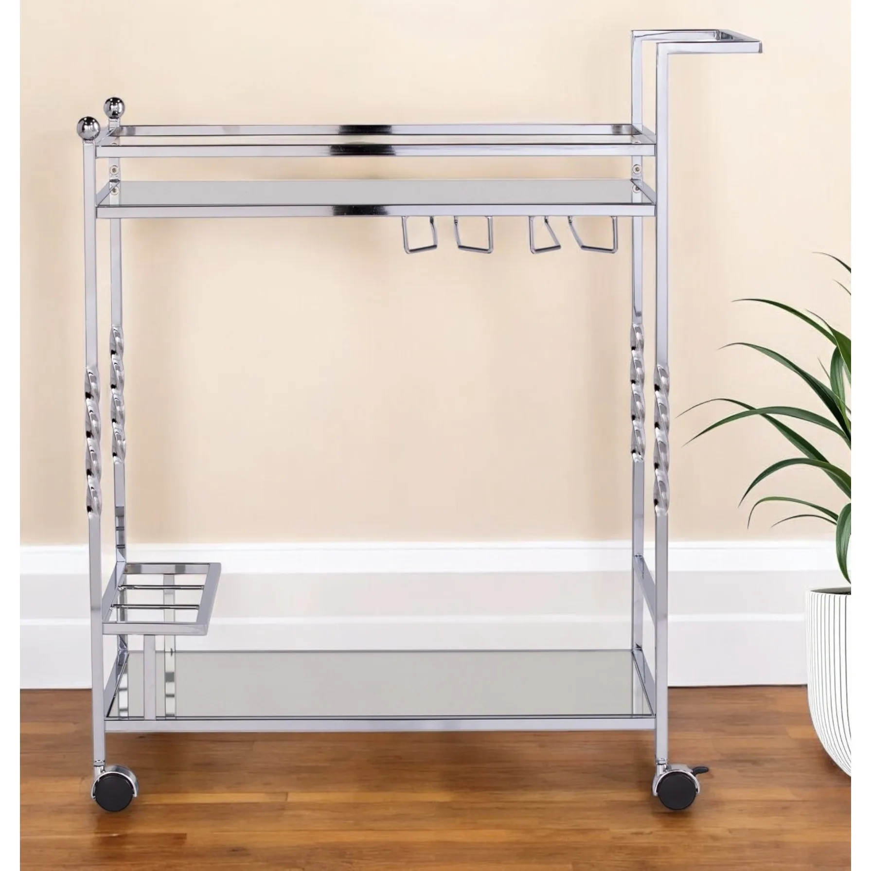 Ha84e3834416e4f1cba055374658ee3ba9.webp HMS 29 Luxury Silver Metal Mirrored Glass Rolling Bar Cart Dining Living Room Serving Trolley with Wine Storage Iron Material - Image 1