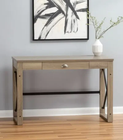 HMS 44" Solid Oak and Black Wood Industrial Design Style Convertible and Stable Computer Desk with Metal Sled for Office Use