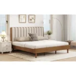 Solid wood king bed with piano key upholstered headboard in wheat finish - Goldoma