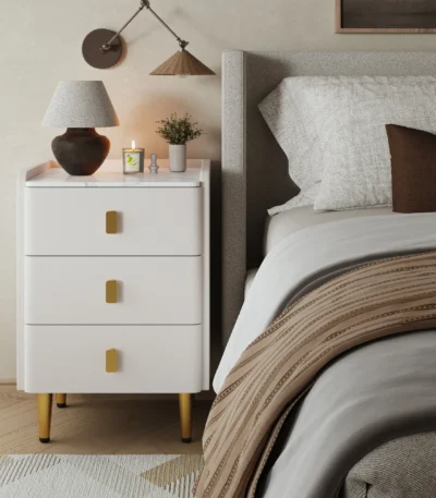 Beige leather narrow nightstand with drawers and stone top, perfect as a small bedside table