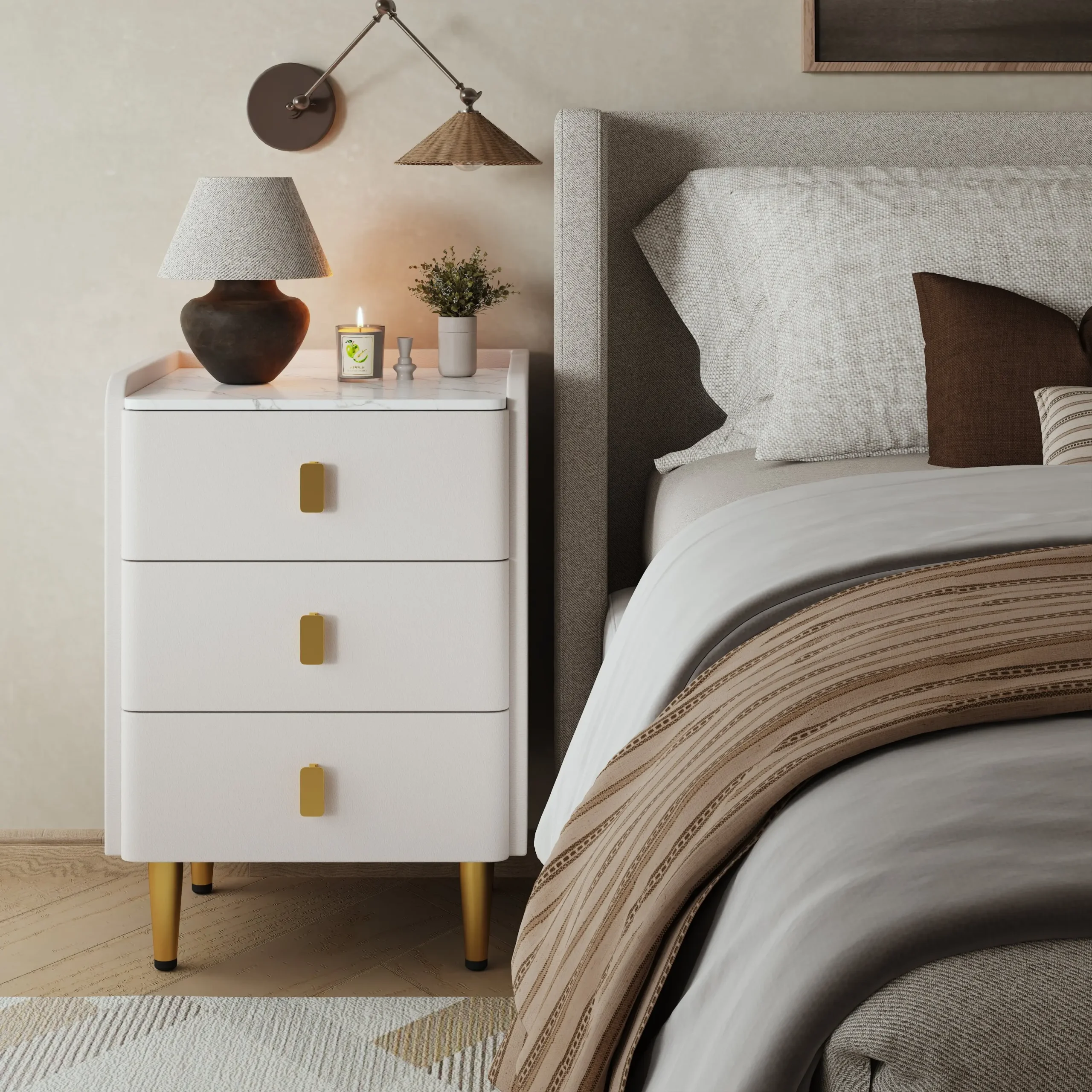 Ha886f359e00b4510bcbb1b1ae2a47021V.webp Beige leather narrow nightstand with drawers and stone top, perfect as a small bedside table