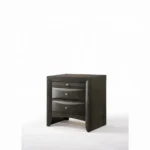 Gray oak nightstand with two drawers and pull-out tray on white background
