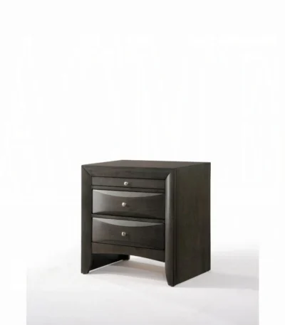 Gray oak nightstand with two drawers and pull-out tray on white background