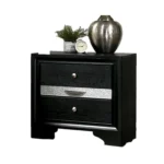 Contemporary black nightstand with hidden drawer and nickel knobs on a bedroom background