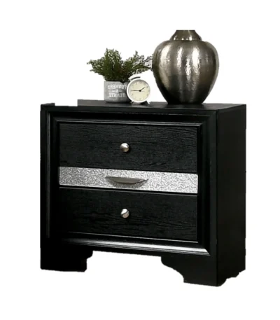 Contemporary black nightstand with hidden drawer and nickel knobs on a bedroom background