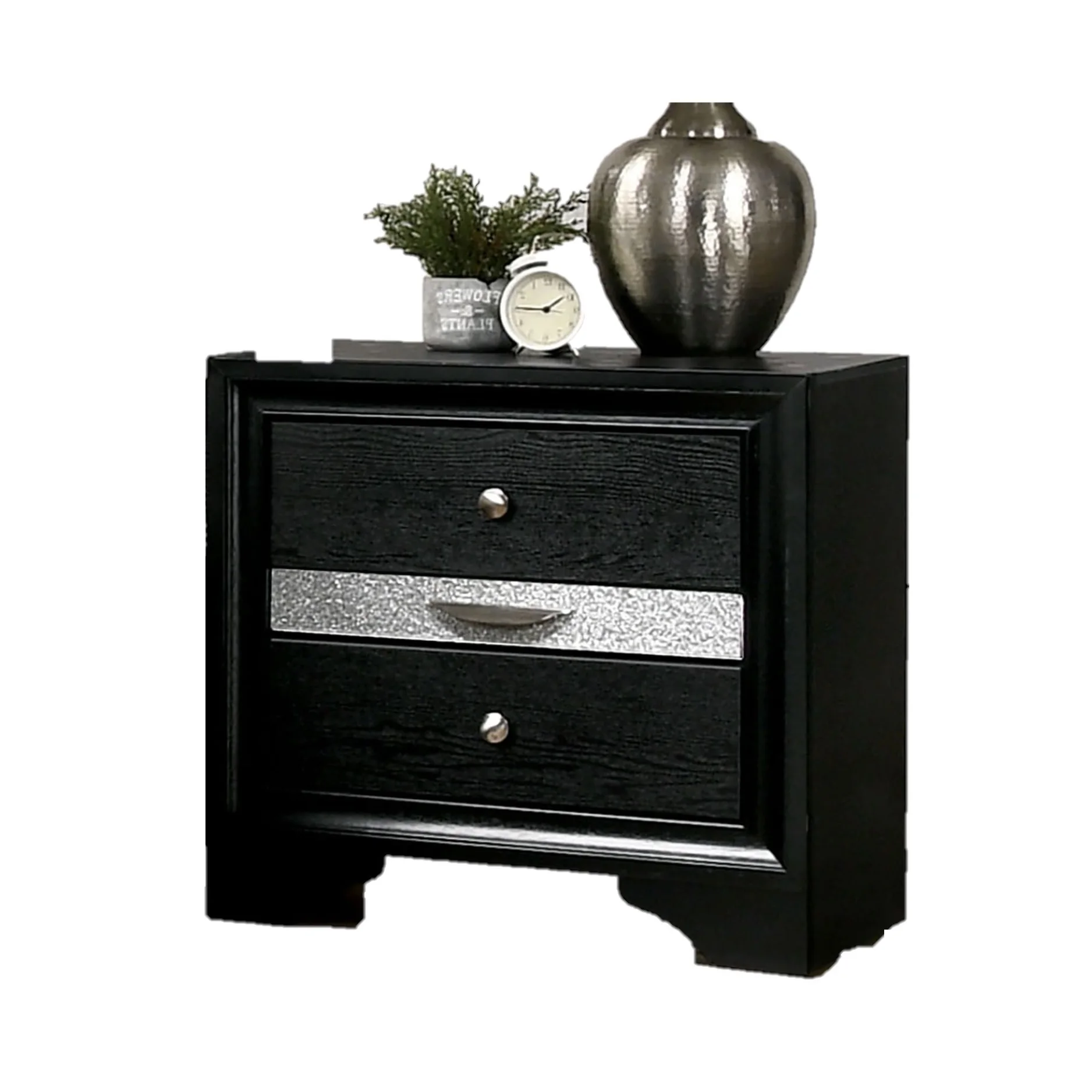 Ha8e469280d0443f7b9ad2f4fd12d1684z.webp Contemporary black nightstand with hidden drawer and nickel knobs on a bedroom background