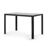 Black glass rectangular dining table with metal frame, modern seating for 4