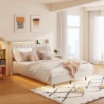 Goldoma queen floating bed frame with LED lights and charging station, velvet upholstered headboard