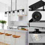 37" Modern Industrial 5-Light Chandelier with Clear Glass Shades,Matte Black Metal Frame Hanging Ceiling Light Fixture(No
