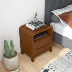 Mid century nightstand solid wood with two drawers in warm brown finish