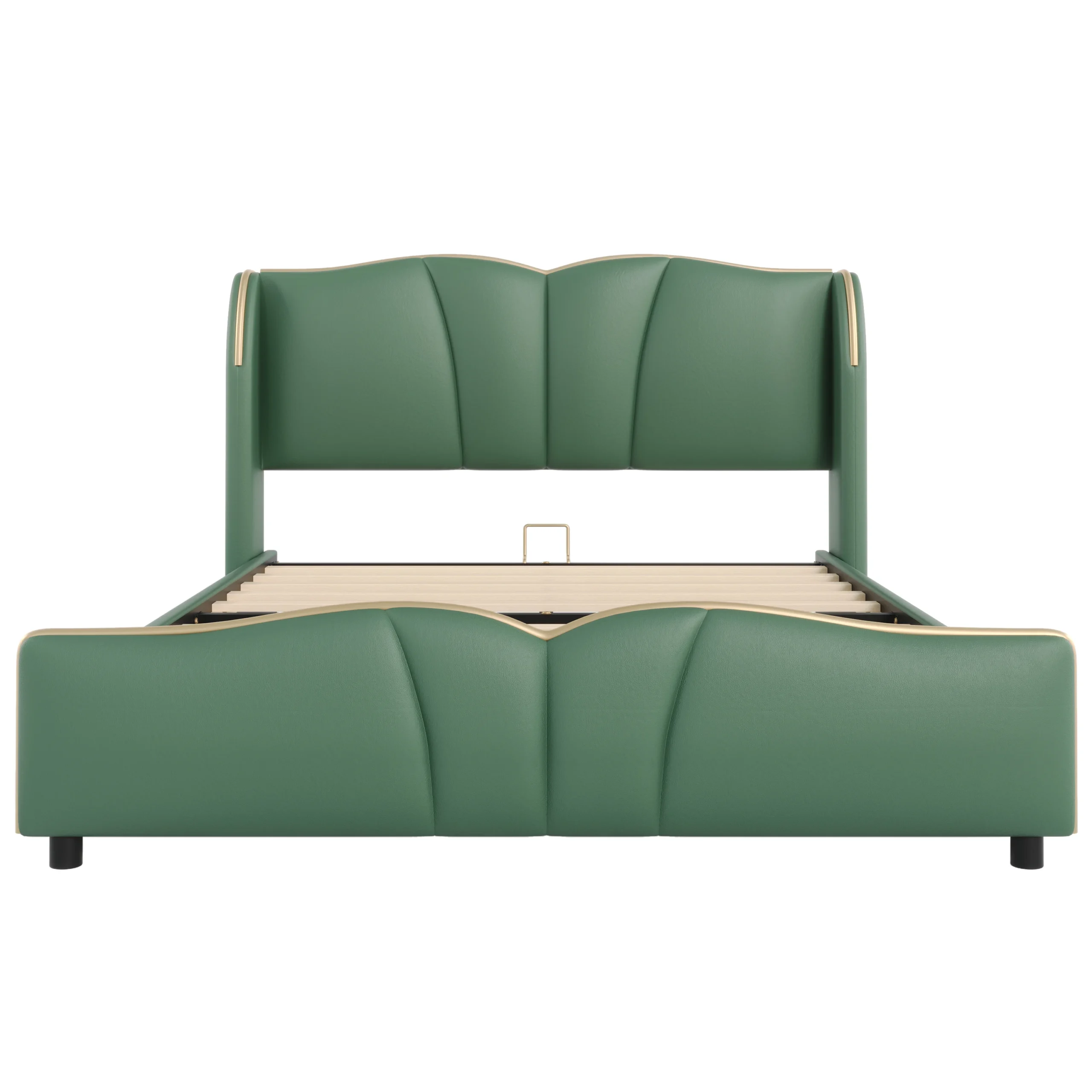 Ha97067e568ee4805bb052a030a8719d8P.webp Goldoma queen PU leather bed frame with wingback headboard in a modern bedroom setting