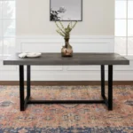 Goldoma distressed wood dining table – solid pine grey finish with metal legs, 72x36 inches, rustic farmhouse style