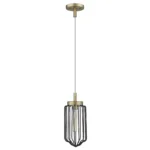 HMS modern industrial gold and black metal cage pendant light hanging over a farmhouse dining table, warm 3000K glow.