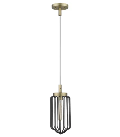 HMS modern industrial gold and black metal cage pendant light hanging over a farmhouse dining table, warm 3000K glow.