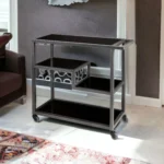 HMS Luxury Black Gray Glass Rolling Bar Cart Dining/Terrace Serving Trolley Wine Storage for Living Room Restaurant Metal Wood - Image 2