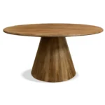 60-inch solid wood pedestal dining table with lazy susan in natural distressed finish, seating six people comfortably