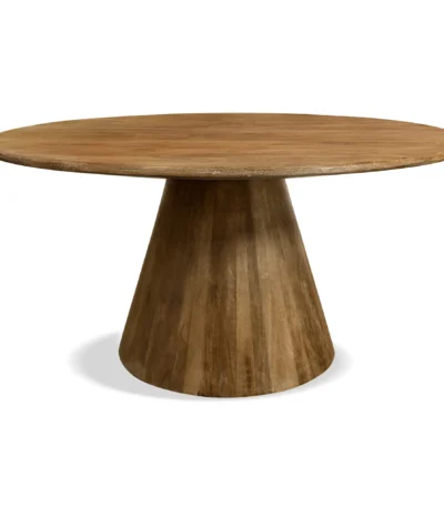 60-inch solid wood pedestal dining table with lazy susan in natural distressed finish, seating six people comfortably