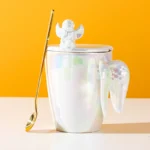 Creative Pearlescent Colored Ceramic Mug with Angel Wings, Coffee Cup with Lids, Cute Flower Tea Tazas Afternoon
