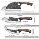 Sharp chef knife set with three forged stainless steel knives and wooden handles on a cutting board