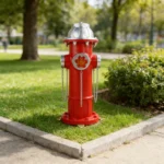 Fire hydrant garden statue viewed from side, highlighting the realistic metal-like hose connector and raised paw print