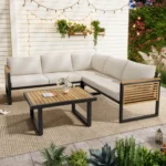 Modern 4-Piece Acacia Wood Outdoor Patio Sofa Set Hotel-Style Corner Sectional with Metal Frame and Waterproof Cushions
