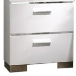 Glam white nightstand with chrome handles and high gloss lacquer finish, featuring two drawers, placed beside a bed in a modern bedroom.