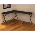 HMS 62" Modern L-Shaped Computer Desk in Black Portable with Bookshelf for Bedroom or Hotel Made of Wood and Metal