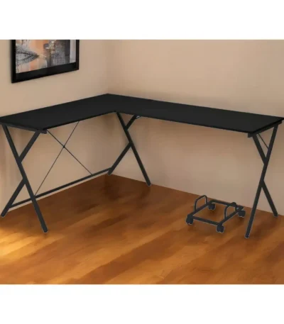 HMS 62" Modern L-Shaped Computer Desk in Black Portable with Bookshelf for Bedroom or Hotel Made of Wood and Metal