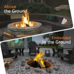 Portable camping fire pit with glowing flames in an outdoor setting