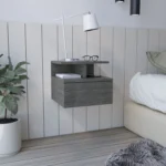 Adele floating nightstand with drawer and open shelves for wall mount bedroom storage in smoke grey