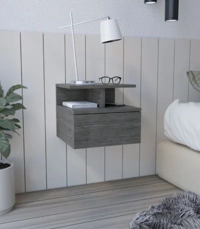 Adele floating nightstand with drawer and open shelves for wall mount bedroom storage in smoke grey
