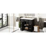 Close-up of the black shaker-style cabinet door and soft-close hinge on the 36-inch European bathroom vanity.