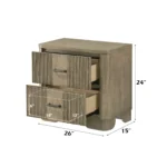 Antique oak nightstand with two drawers, grooved front panel, and rounded edges