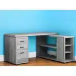 HMS 47" Gray L-Shaped Computer Desk with Three Drawers and Bookshelf Simple Design PC Gaming Desk for Bedroom Folding Feature