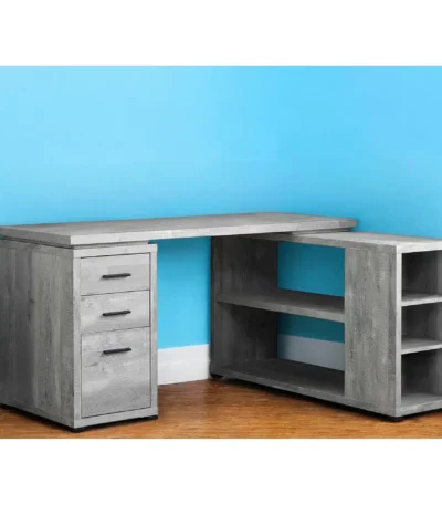 HMS 47" Gray L-Shaped Computer Desk with Three Drawers and Bookshelf Simple Design PC Gaming Desk for Bedroom Folding Feature