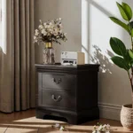 Classic wooden nightstand black with two drawers in a bedroom setting