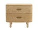 Natural oak nightstand with drawers placed beside a bed, showing two spacious drawers and a compact design