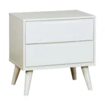 Modern white nightstand with 2 drawers and tapered legs in a bedroom setting