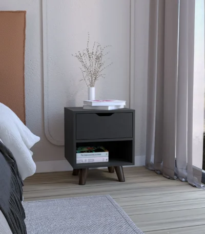 Crail minimalist nightstand with drawer and open shelf in black finish with wooden legs for bedroom storage