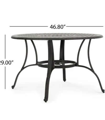 Goldoma Outdoor Cast Aluminum Circular Dining Table in Bronze with lattice design and umbrella hole