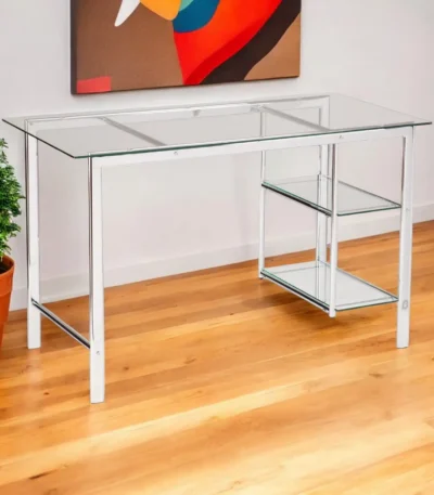 HMS 47" Writing Desk with Clear Silver Glass and Metal Contemporary Computer Desk