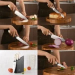 Goldoma 6-piece non stick knife set with Damascus steel blades and ABS handles on cutting board