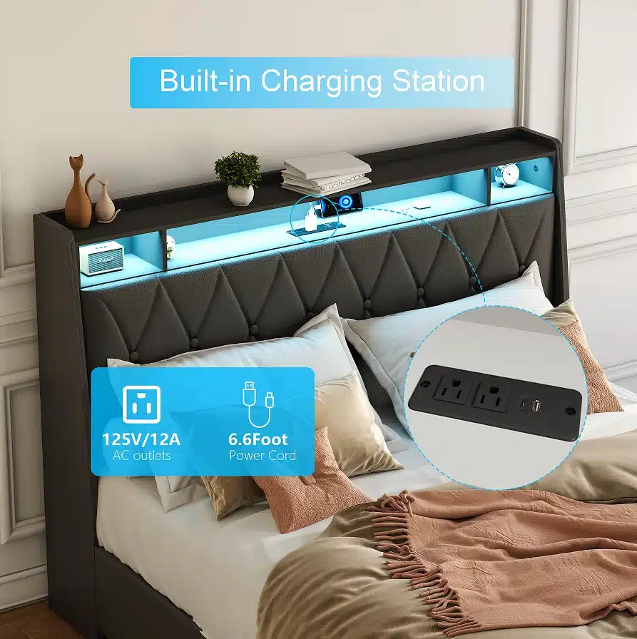 Goldoma Full Size Soft Bed Frame with Ergonomic Headboard, Built-In Outlets, USB Charger & LED Lighting