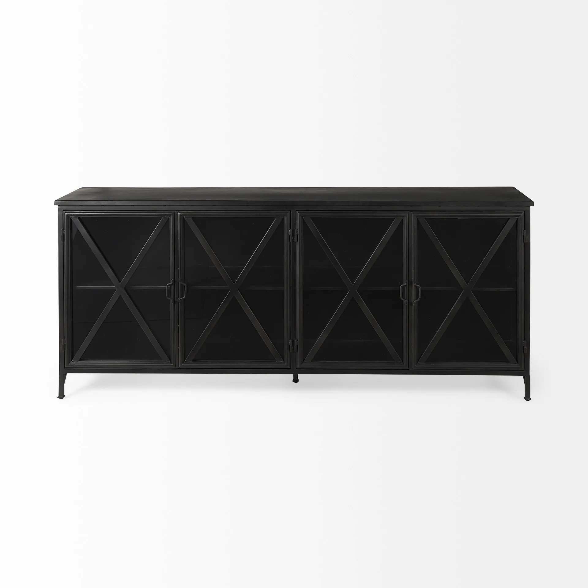 Hac427c79cb624c1fb0f1e10776a790c1U.webp HMS 16" Modern Black Iron Sideboard with Four Glass Doors Solid Oak Dining Room Furniture for Living Room Home Furniture - Image 1