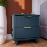 Midnight blue nightstand with vertical panel design and wooden handles - Goldoma
