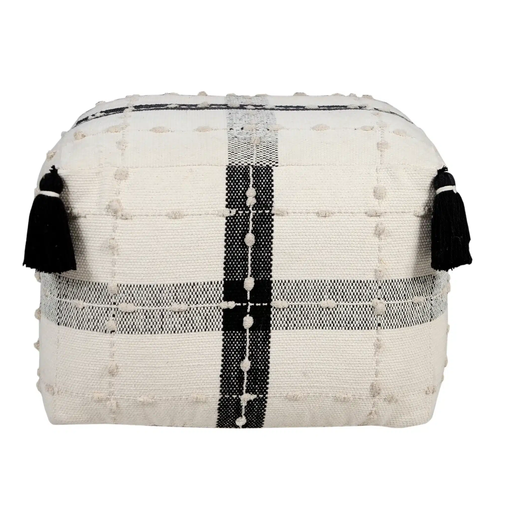 Goldoma 18" Black Cotton Striped Pouf Ottoman - Tufted Foldable Foot Rest & Extra Seat