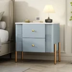 Modern wooden bedside table with two drawers in a bedroom setting - Goldoma nightstand